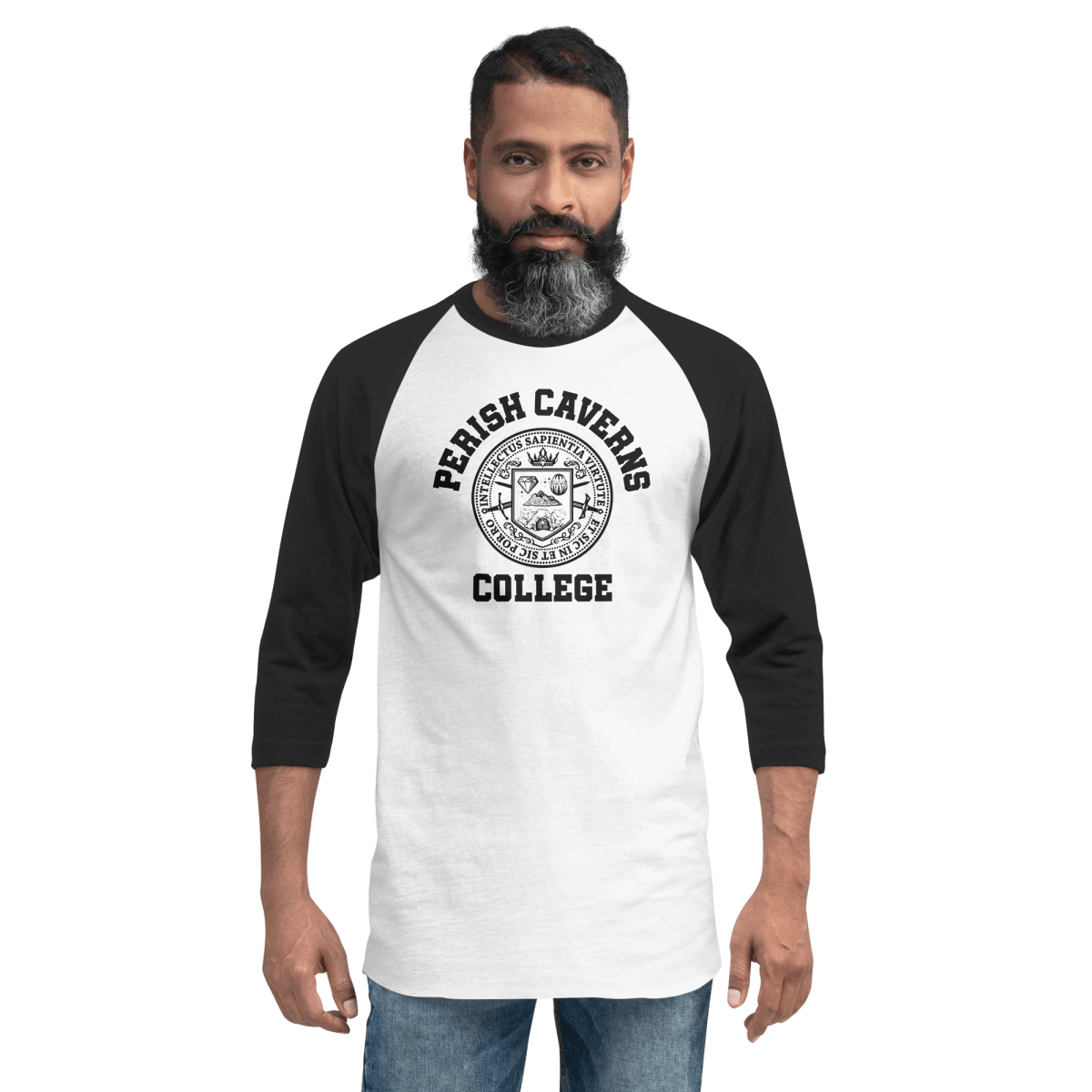 Perish Caverns College Crest Adult Baseball T-shirt - RG Halleck